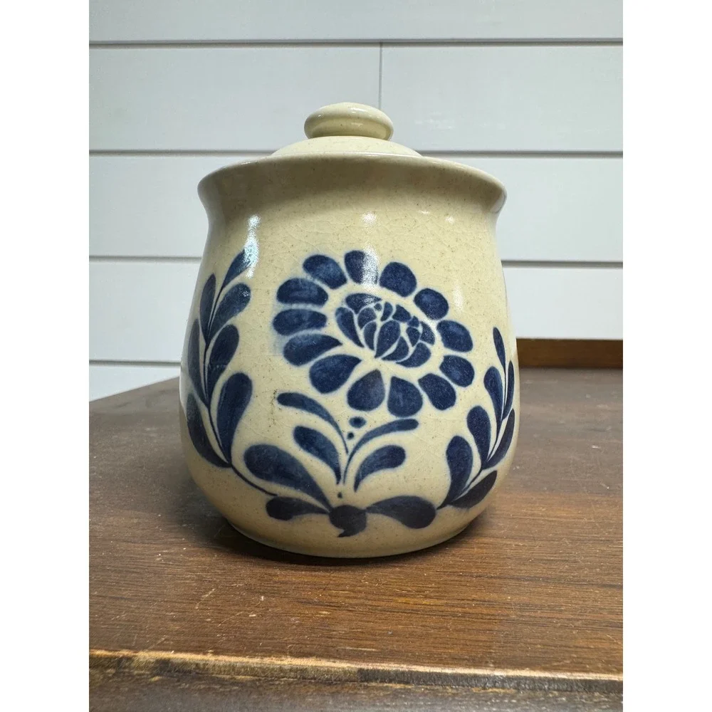 Vintage Hand Painted Blue Floral Stoneware Jam Jar Sugar Bowl with Lid Cream